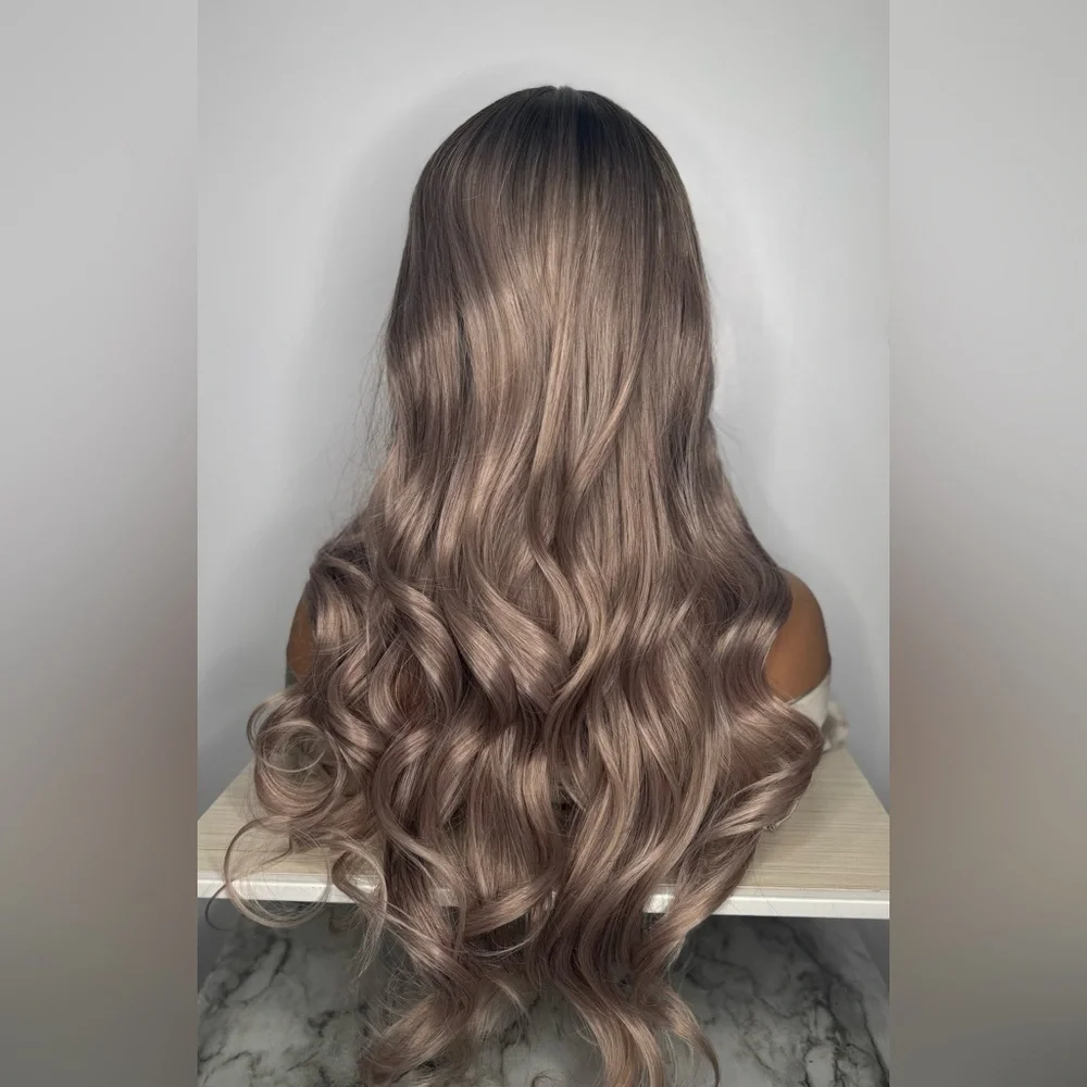26” Long Wavy Synthetic Wig with Bangs – Ash Brown / Smoky Blonde Blend